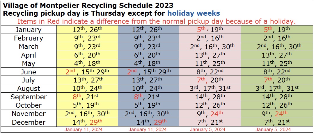Village of Montpelier Recycling Schedule | ARS REFUSE SERVICE, INC.